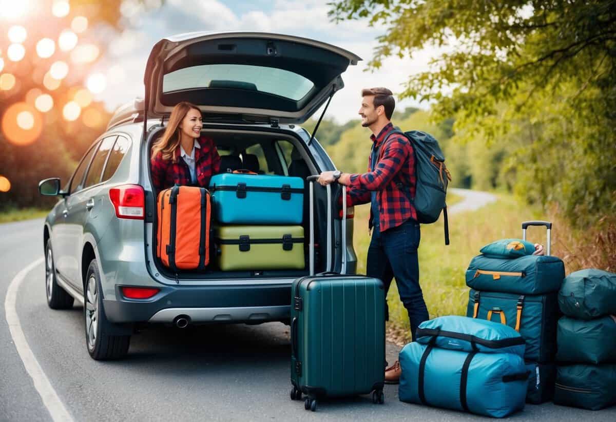 A man and a young woman pack a car with luggage and camping gear, ready for a journey