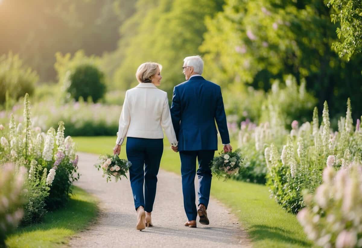 A couple walking together on a winding path, surrounded by blooming flowers and lush greenery, symbolizing the hope and longevity of second marriages