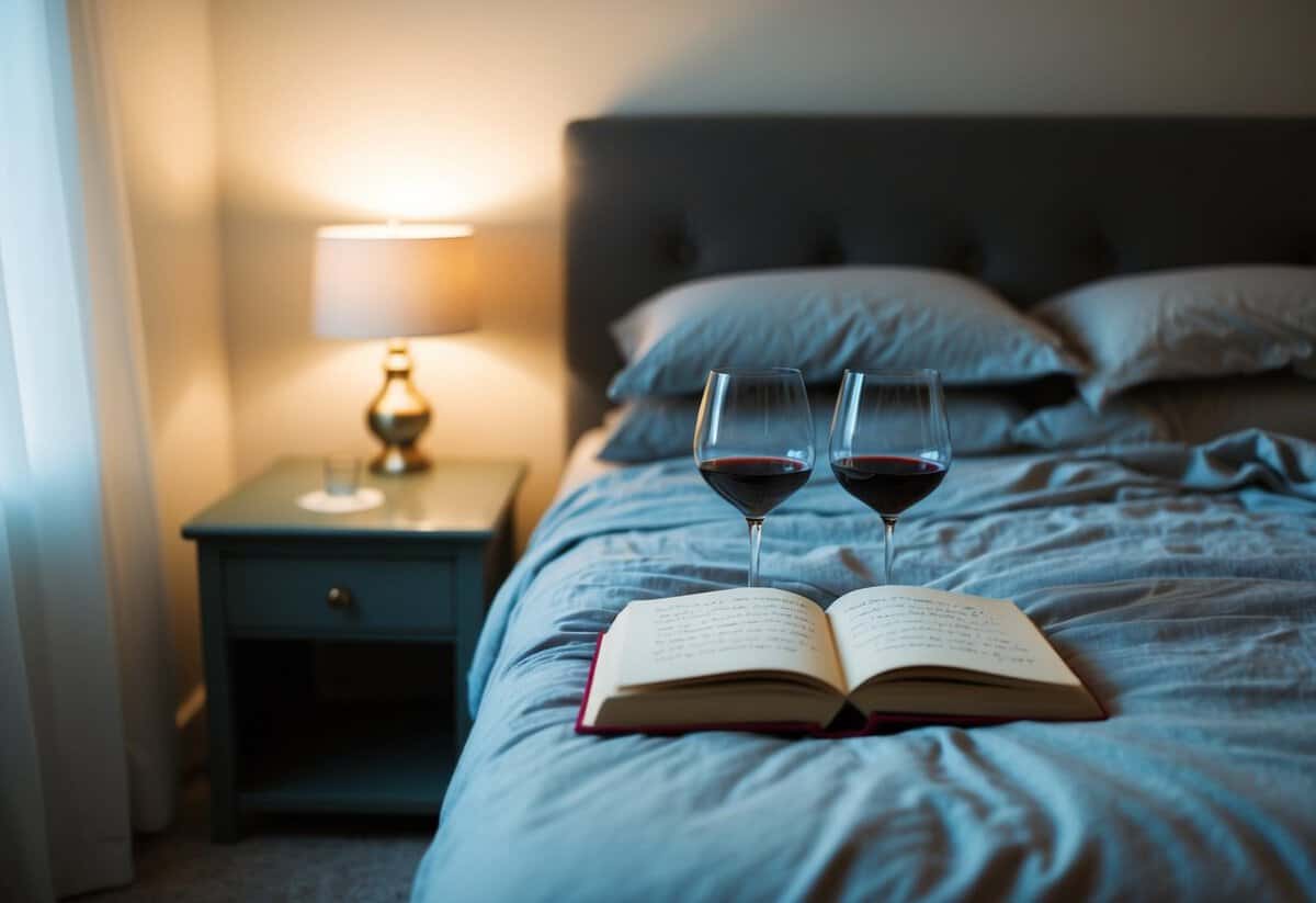 A cozy bedroom with soft lighting, a rumpled bed, and two empty wine glasses on a nightstand. A book of poetry lies open, and a handwritten love note is tucked into the pages