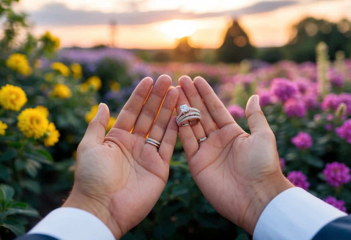 A couple's hands holding a set of wedding rings, surrounded by a blooming garden with a serene sunset in the background