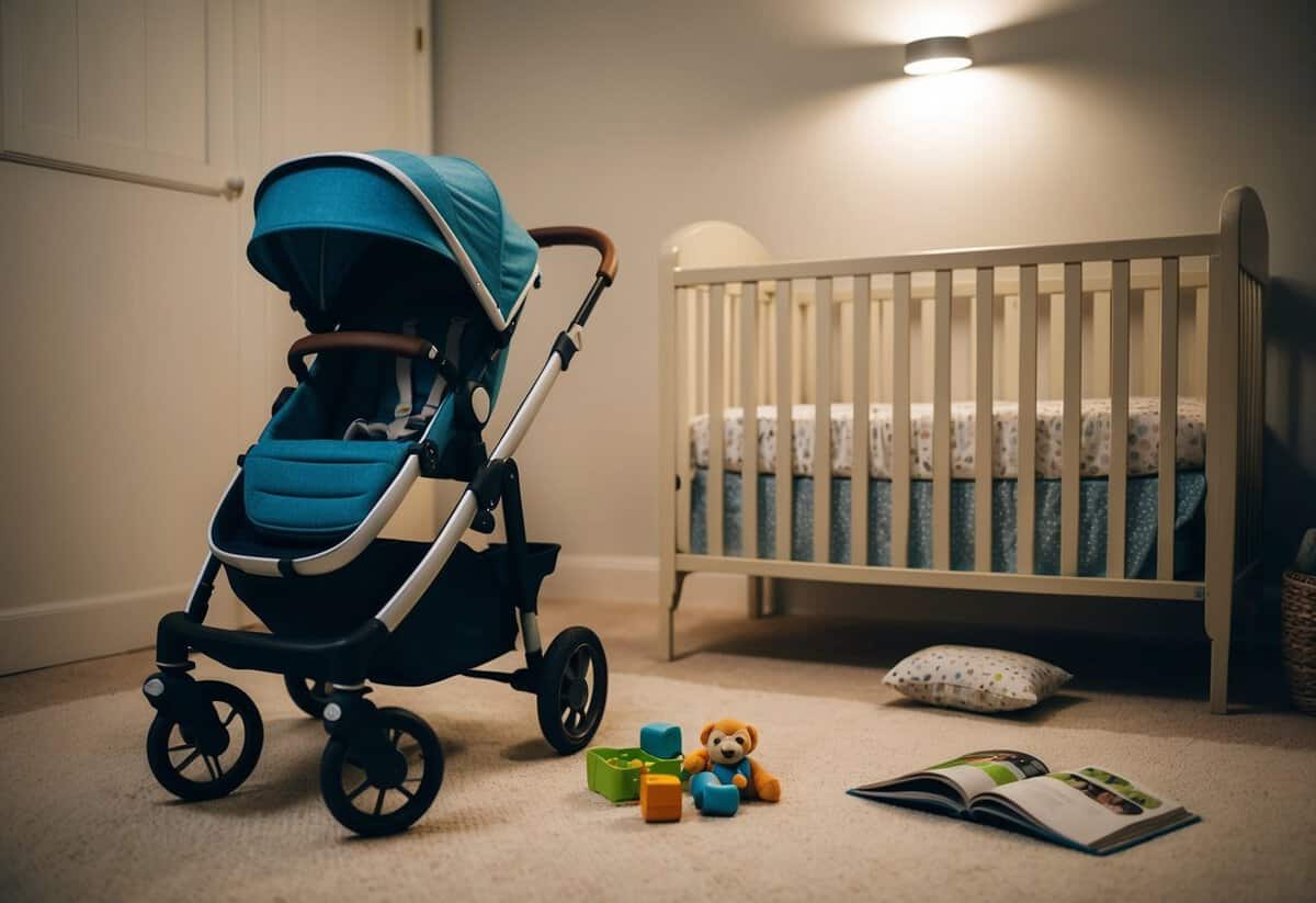 A stroller sits next to a crib in a cozy nursery, surrounded by baby toys and books. The soft glow of a nightlight fills the room