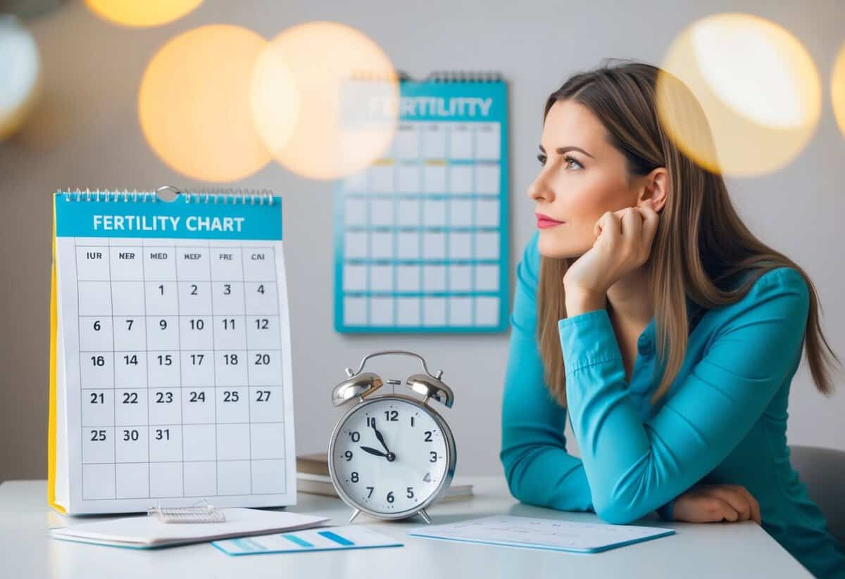 A woman surrounded by a calendar, fertility charts, and a clock, contemplating the idea of having a baby at 22 years old