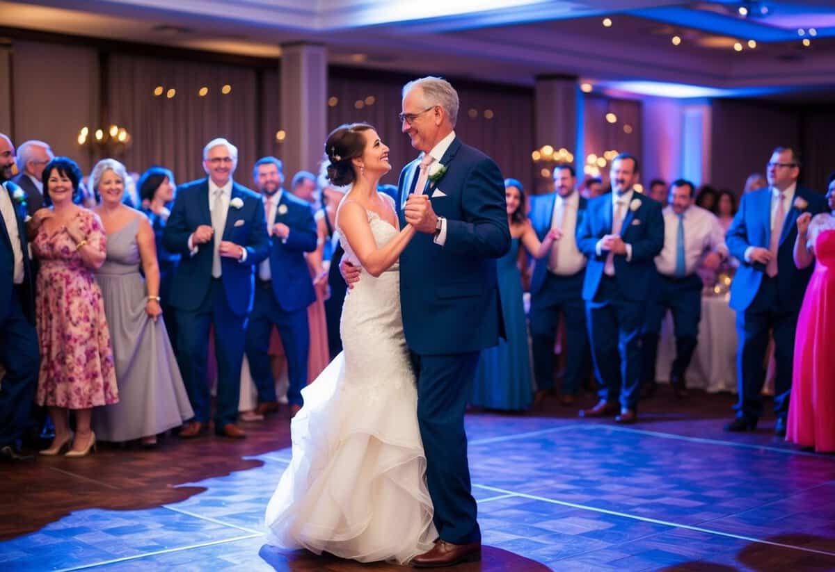 Parent dances last 3-5 minutes. A father and daughter or mother and son dance together on the dance floor at a wedding reception, surrounded by guests