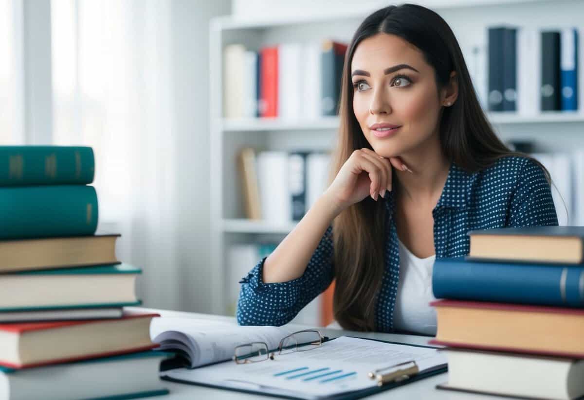 A young woman researching pregnancy, surrounded by books and medical documents, with a thoughtful expression on her face