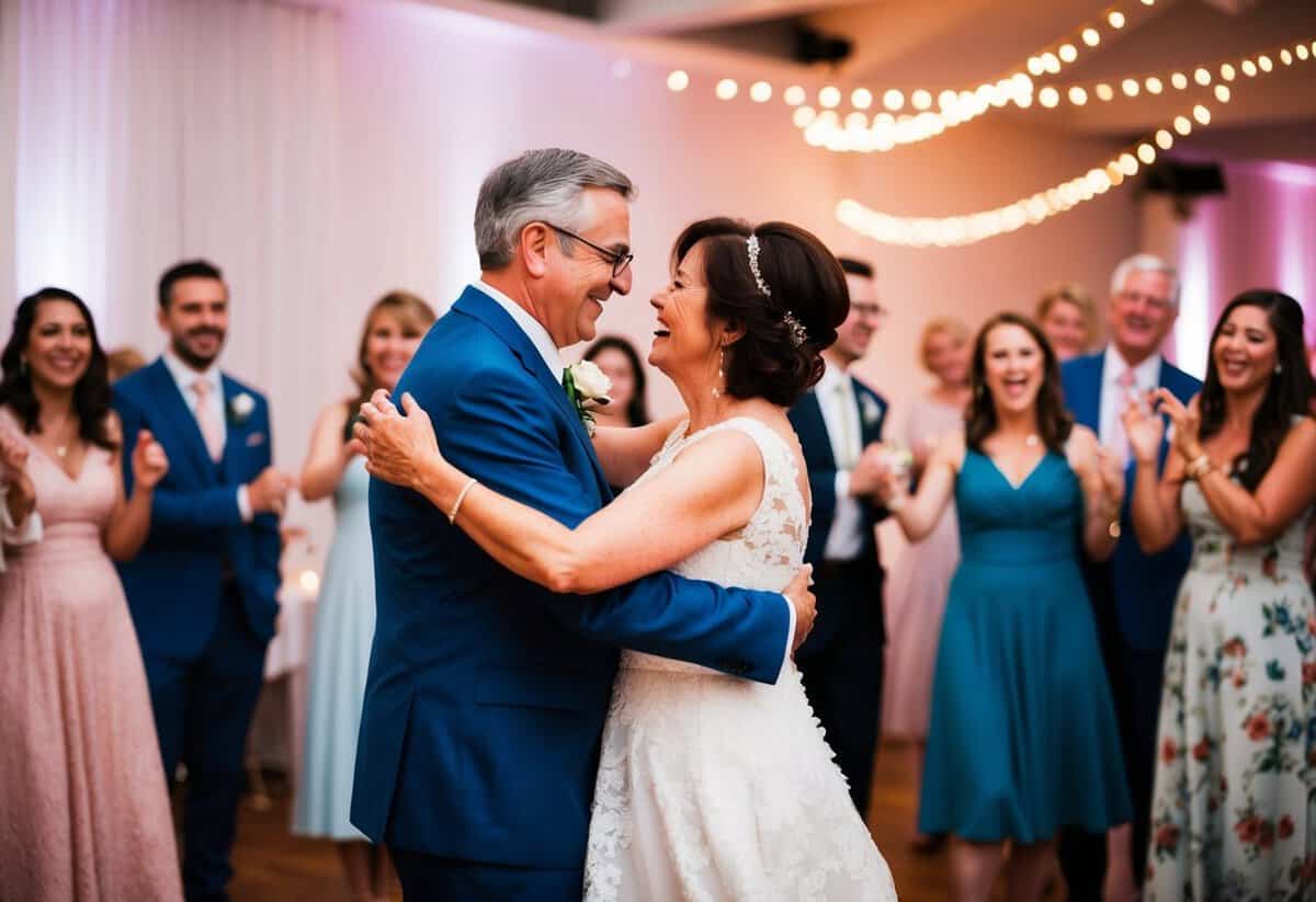 Parents dancing at a wedding, surrounded by joyful guests, with soft lighting and romantic ambiance