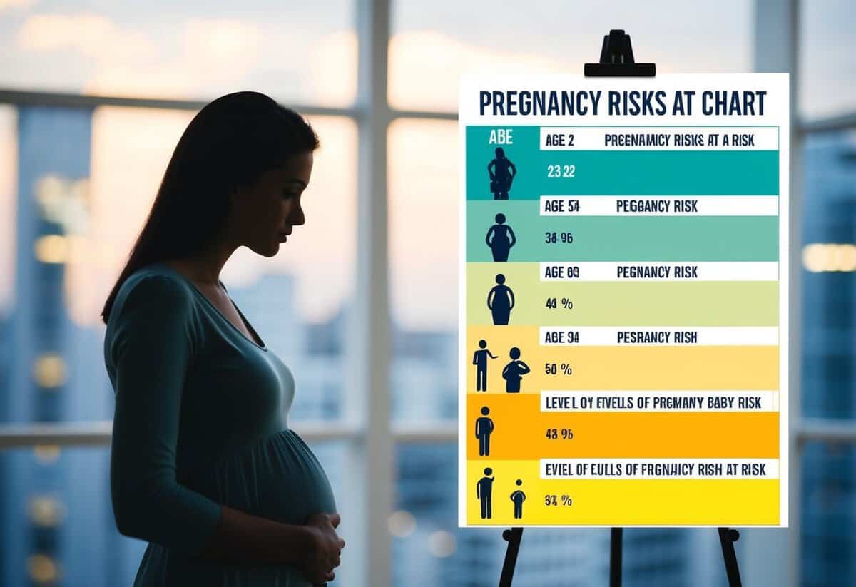 A woman's silhouette stands in front of a chart showing pregnancy risks at different ages. The chart displays varying levels of risk as the woman contemplates the decision to have a baby at 22