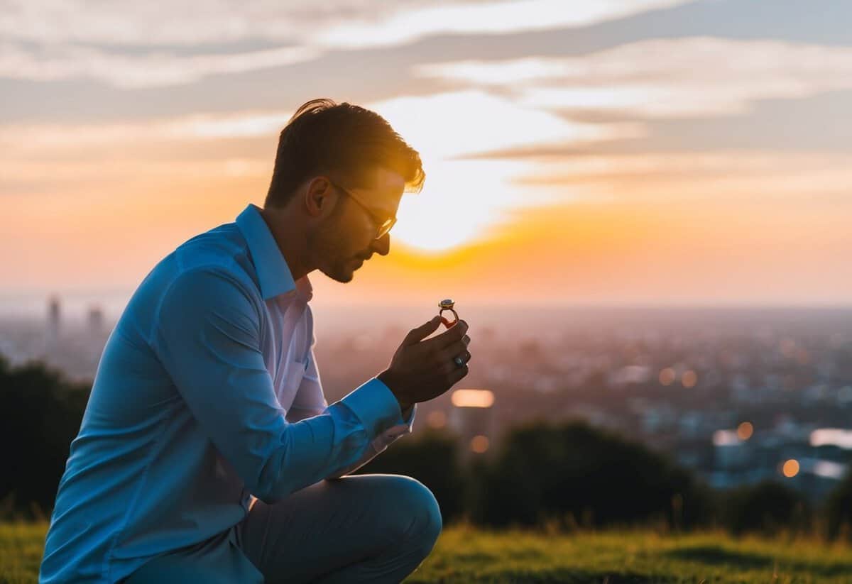 A person kneeling with a ring at sunrise