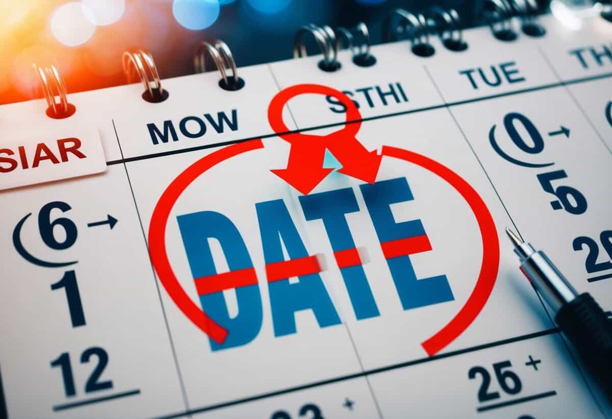 A calendar with a highlighted date circled in red, surrounded by symbols representing milestones and responsibilities