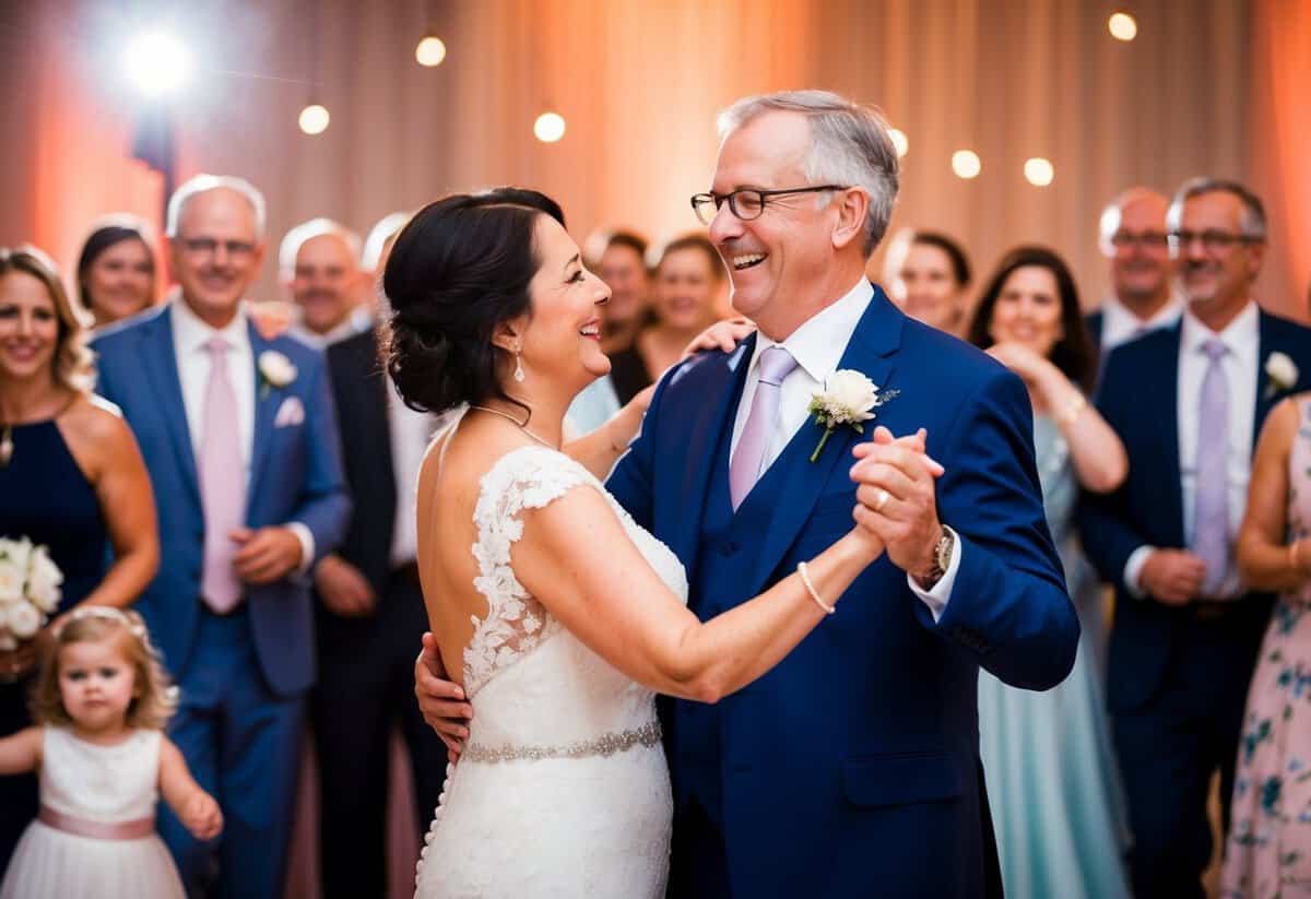 Parents dancing at a wedding, smiling and swaying to the music, surrounded by family and friends