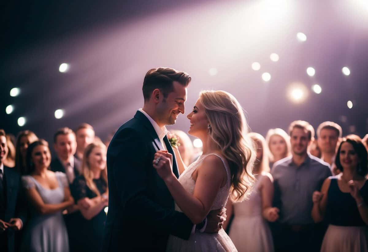 A couple dances together in a spotlight, surrounded by a crowd. The music and choreography reflect the love and connection between the two