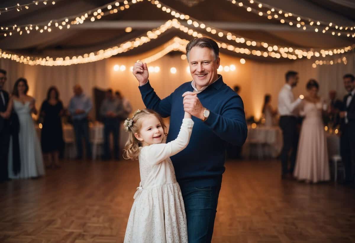 A parent dances joyfully with their child, surrounded by twinkling lights and a soft, romantic atmosphere