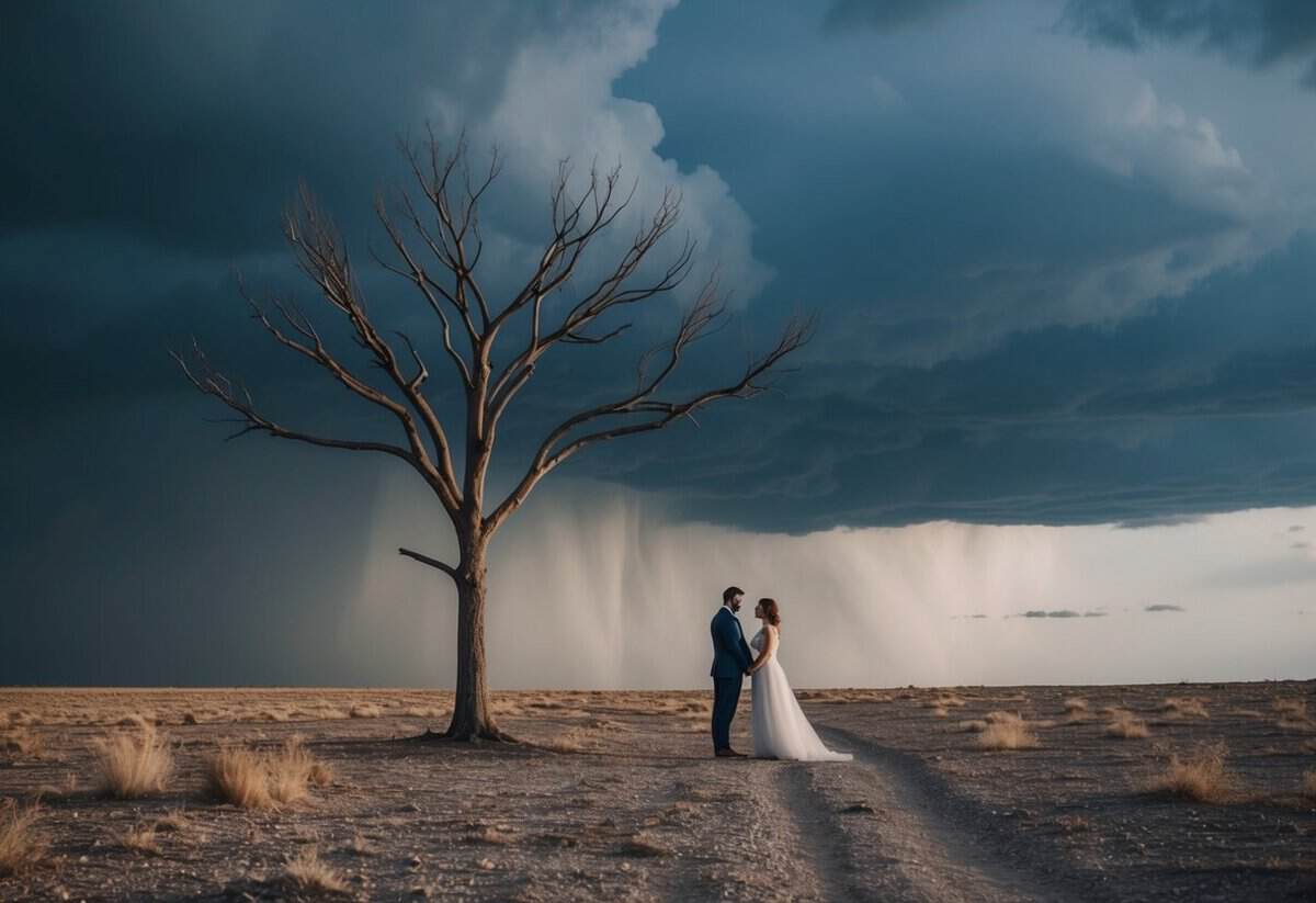 A barren tree standing alone in a desolate landscape, with dark storm clouds looming overhead, symbolizing the struggles and challenges faced by a couple in their hardest year