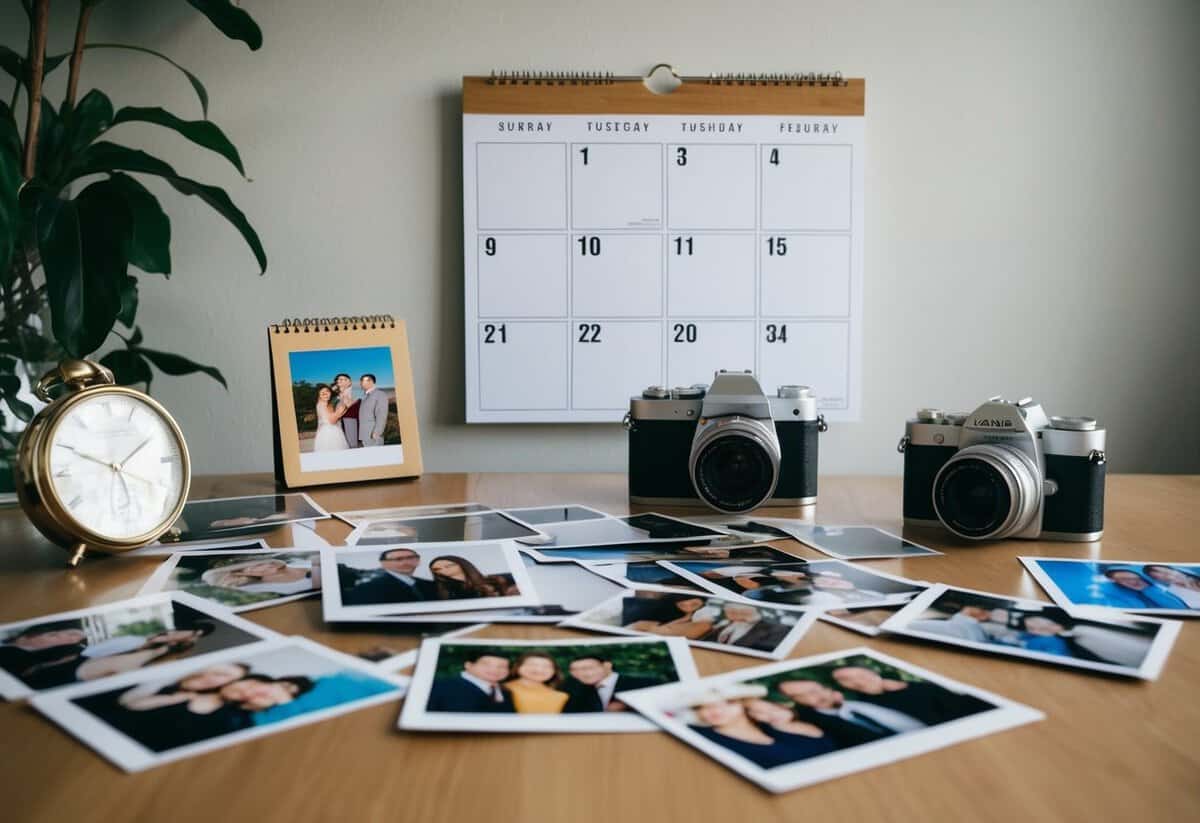A couple's photos scattered on a table, with a mix of casual and formal attire. A calendar with six months marked off hangs on the wall