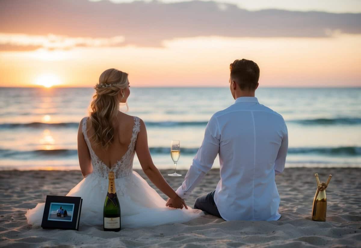 A couple sitting on a beach at sunset, holding hands and gazing at the ocean, with a small wedding photo album and a bottle of champagne beside them