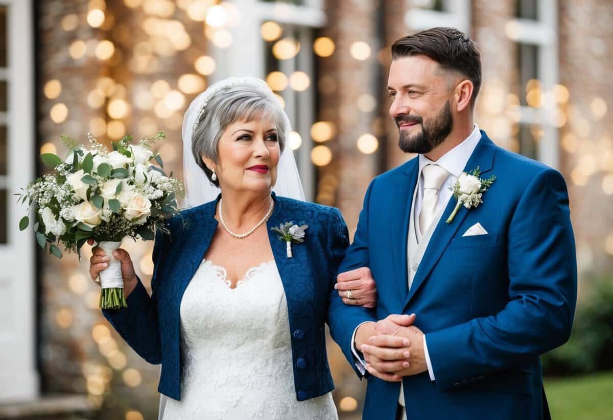 A mother of the groom stands proudly beside her son, offering support and love as he prepares to embark on his new journey