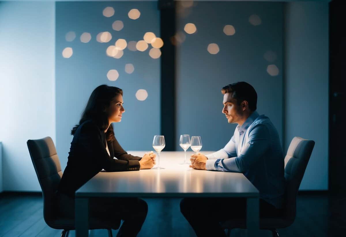 A couple sits on opposite ends of a long table, their body language tense. The room is dimly lit, with a visible distance between them
