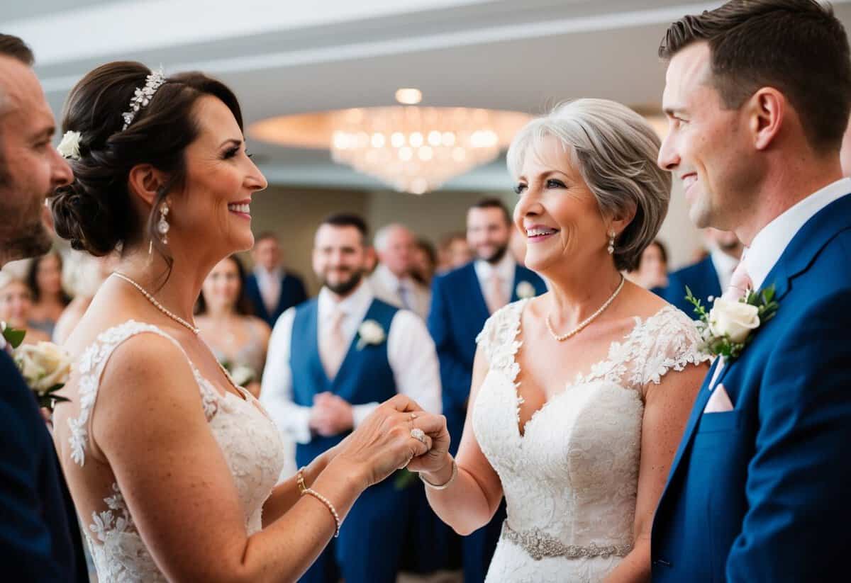 The mother of the groom watches proudly as the couple exchanges vows, then joins the celebration at the reception, offering support and guidance
