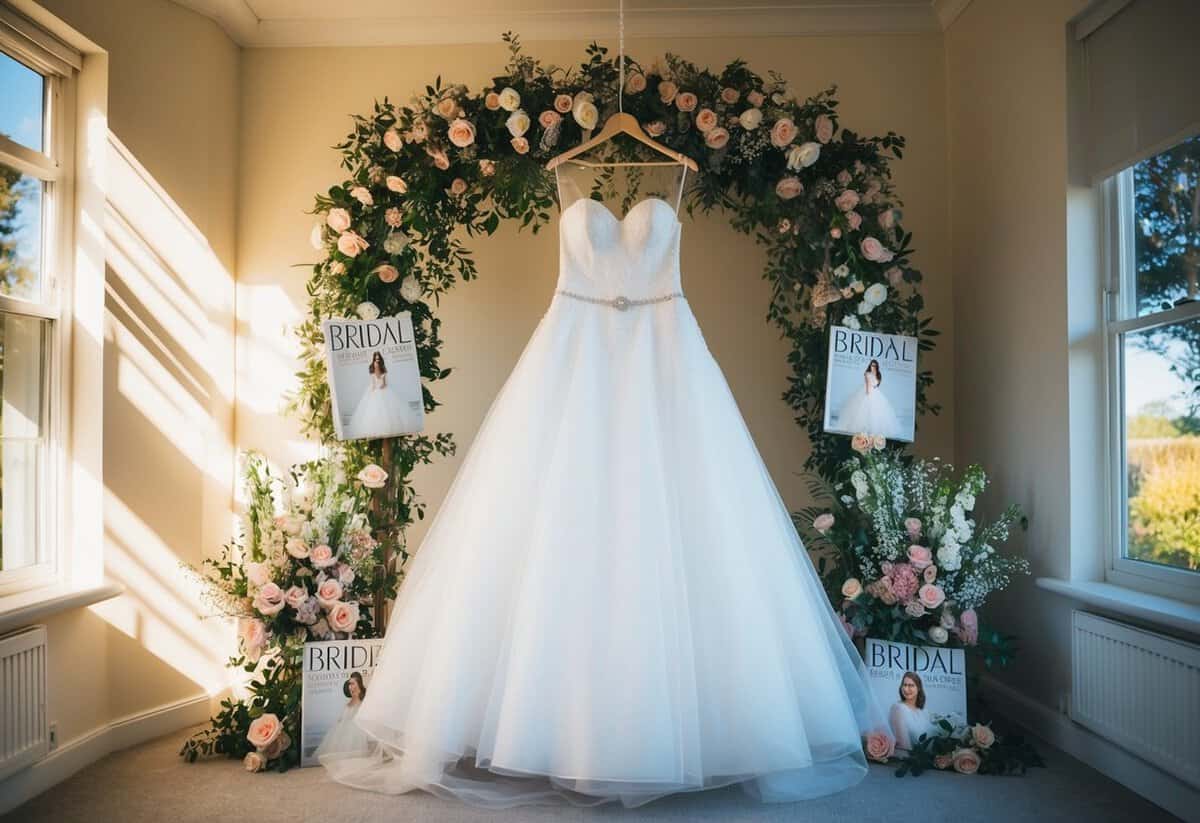 A bride-to-be's wedding dress hanging in a sunlit room, surrounded by floral arrangements and bridal magazines