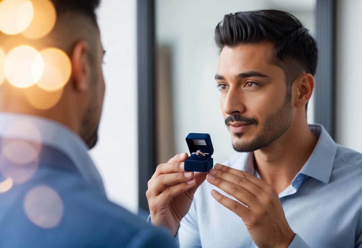 A man holding a small ring box, standing in front of a mirror, with a thoughtful expression on his face
