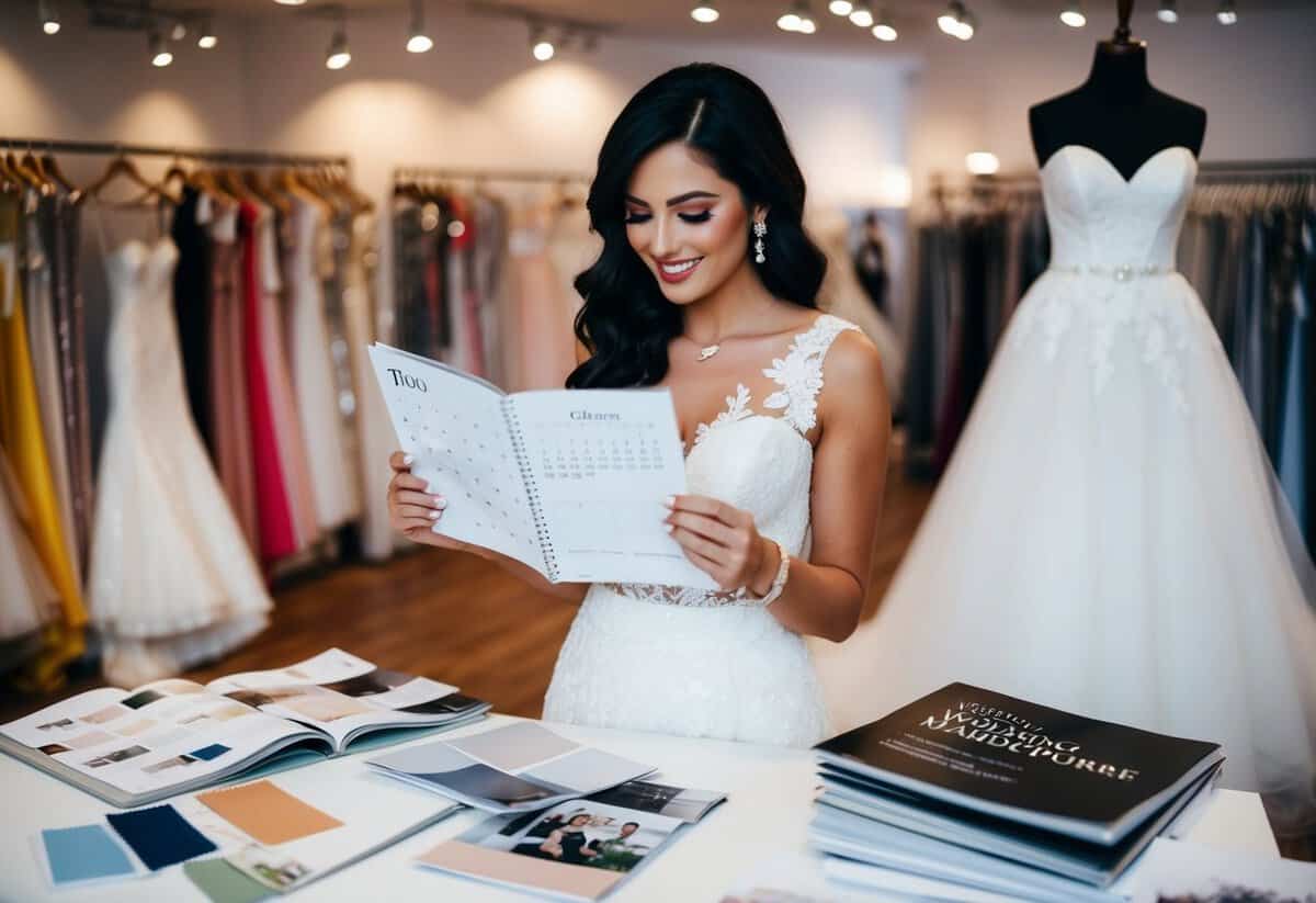 A bride-to-be with a calendar, browsing through bridal magazines, surrounded by swatches and fabric samples, with a wedding dress boutique in the background