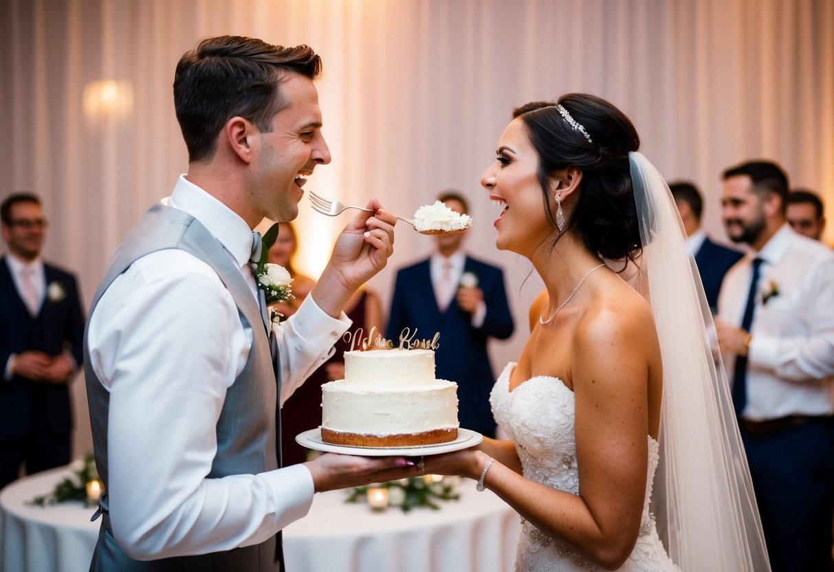The bride and groom feed each other cake at the reception