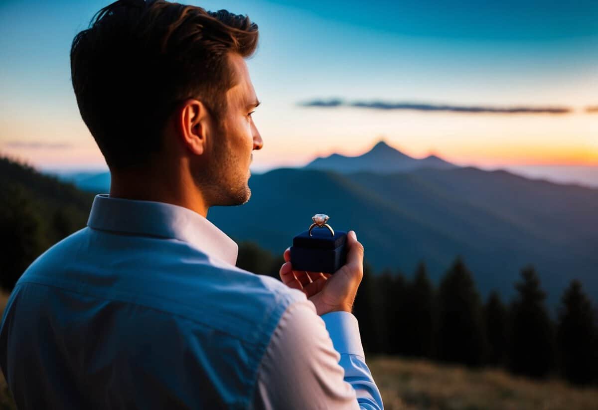 A man holds a ring box, gazing out at a sunset over a serene mountain landscape