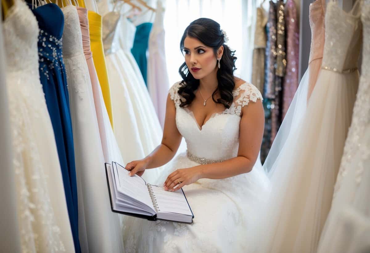 A bride-to-be sits surrounded by wedding dress samples, flipping through a planner filled with dates and appointments. She looks contemplative, trying to decide if it's too early to make such an important decision