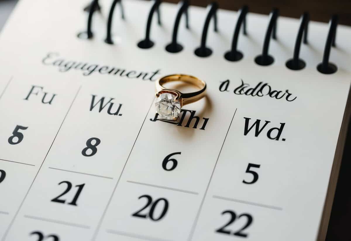 A calendar with a ring on the engagement date and a wedding date marked shortly after