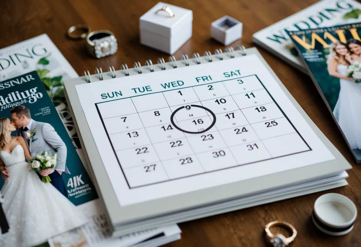 A calendar with a circle around a date, surrounded by wedding magazines and a ring box