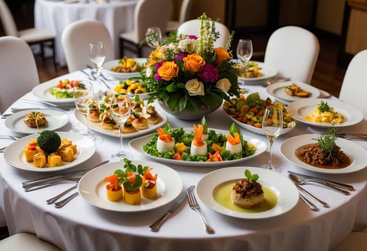 A table adorned with a variety of elegant dishes, from appetizers to main courses, arranged in a visually appealing manner
