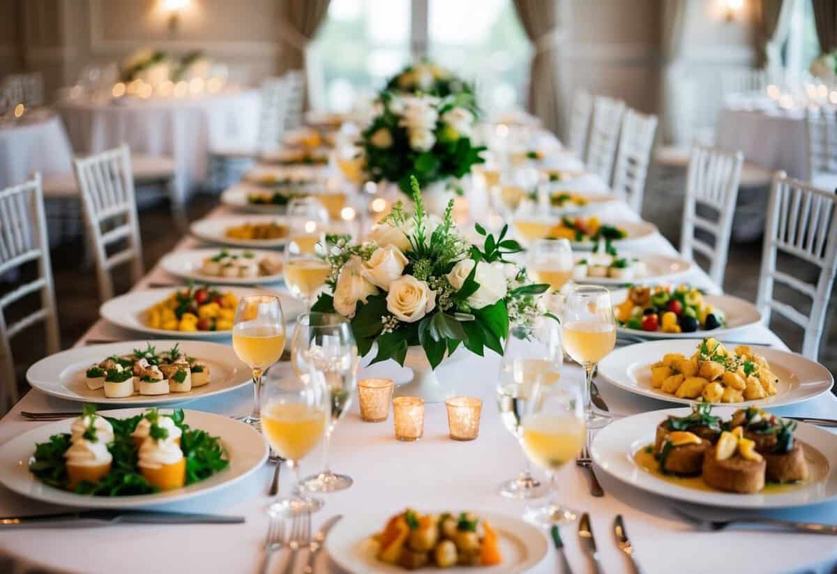 A beautifully set table with an array of elegant dishes, from appetizers to entrees, showcasing the variety and abundance of a wedding menu