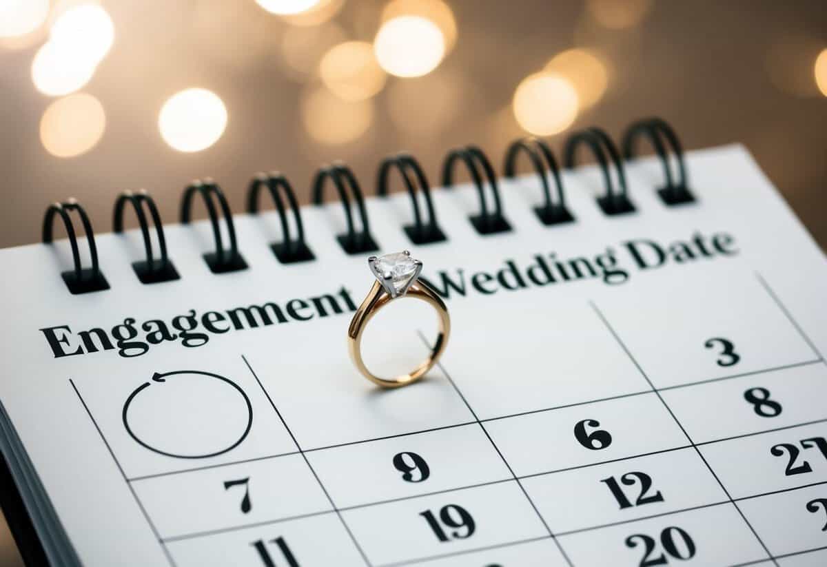 A calendar with a ring on the engagement date, followed by a wedding date circled a few months later
