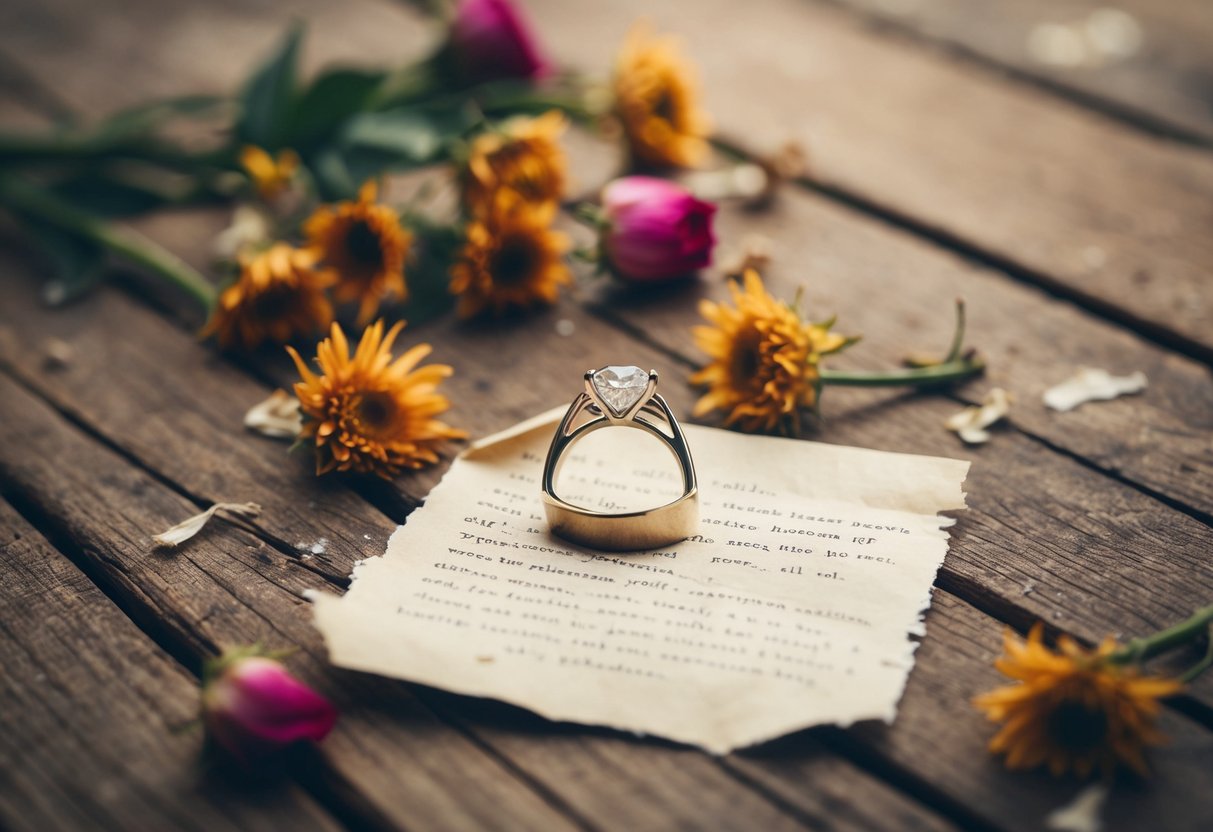 A ring abandoned on a wooden table, surrounded by wilted flowers and a torn love letter