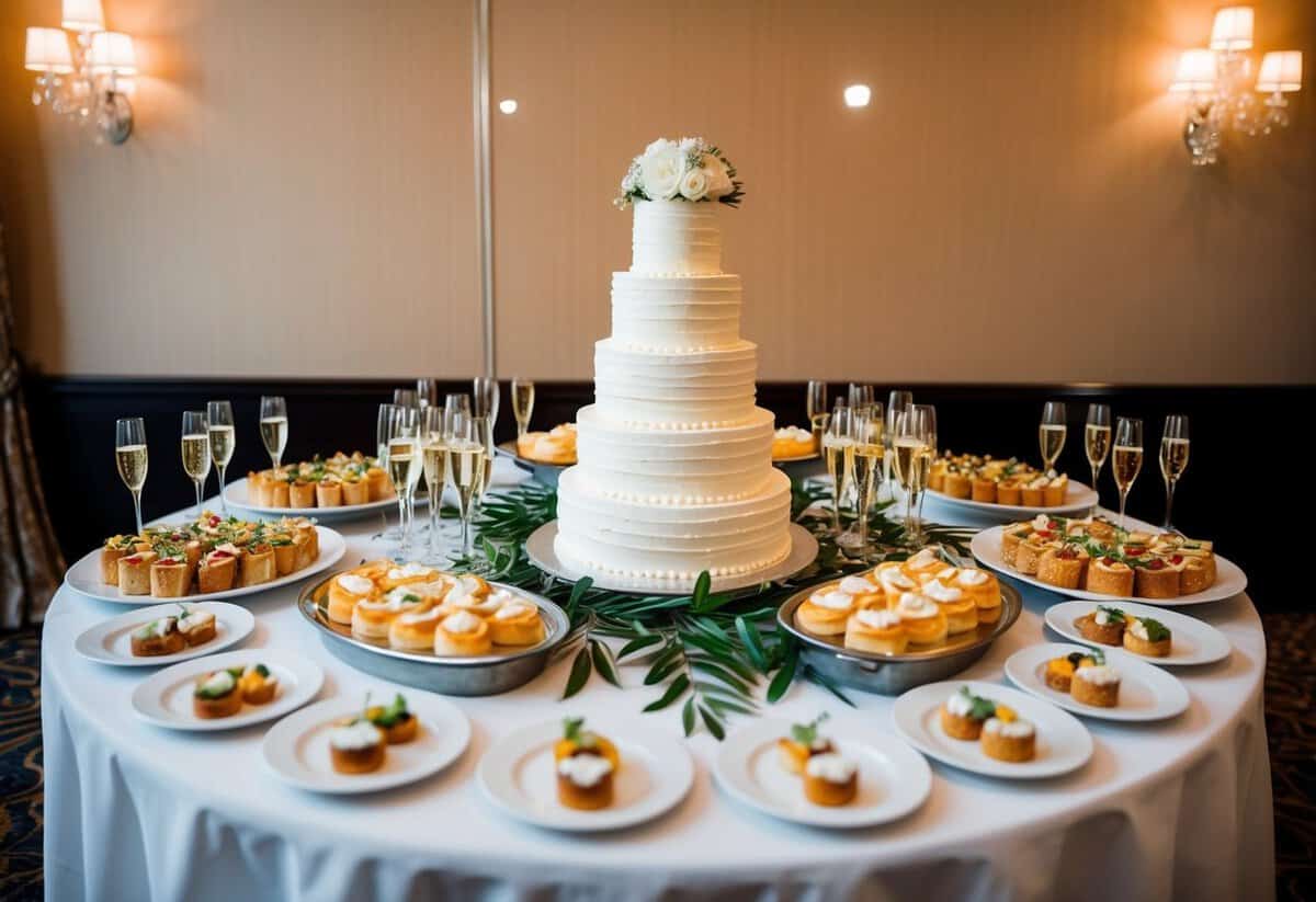 A table adorned with plates of tiered wedding cake, flanked by trays of hors d'oeuvres and glasses of champagne
