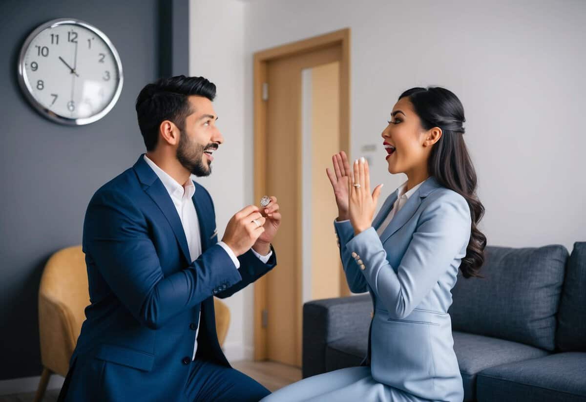 A man holding a ring, kneeling in front of a woman, both with surprised expressions. A clock on the wall shows the time