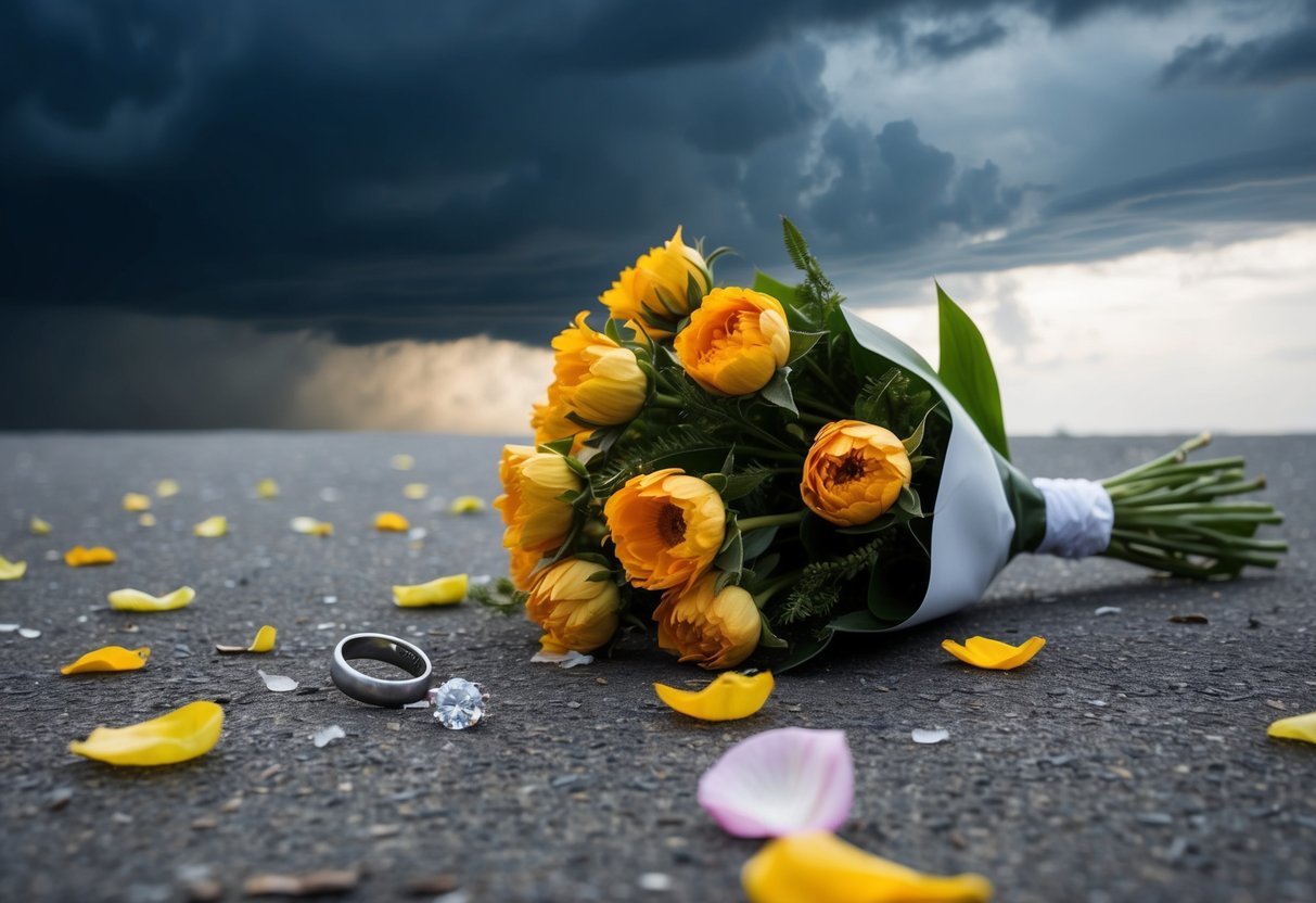 A wilted bouquet of flowers lies on the ground, surrounded by scattered petals and a broken engagement ring. A stormy sky looms overhead, reflecting the emotional turmoil of a breakup