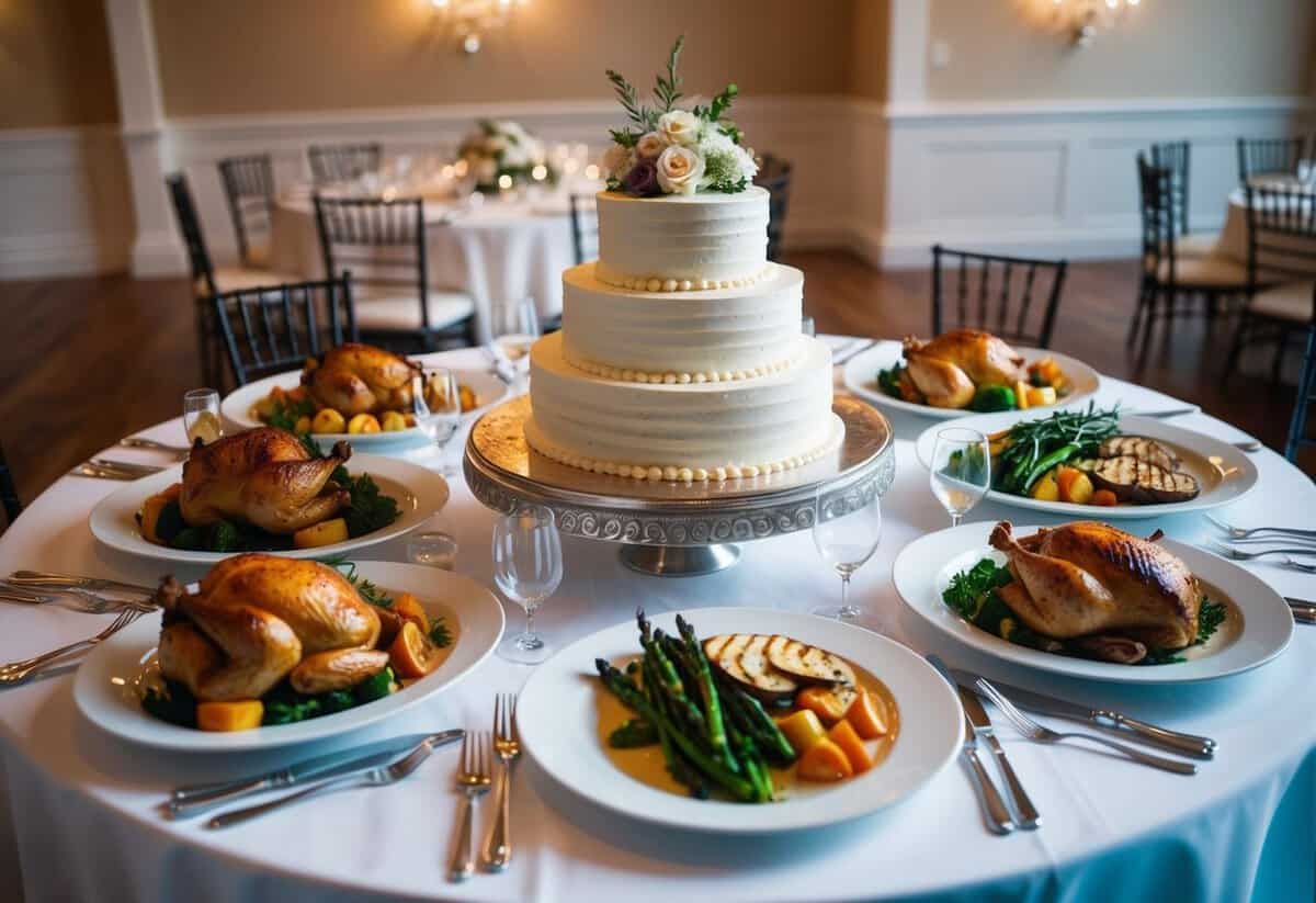 A banquet table adorned with elegant platters of classic wedding dishes such as roasted chicken, grilled vegetables, and decadent wedding cake