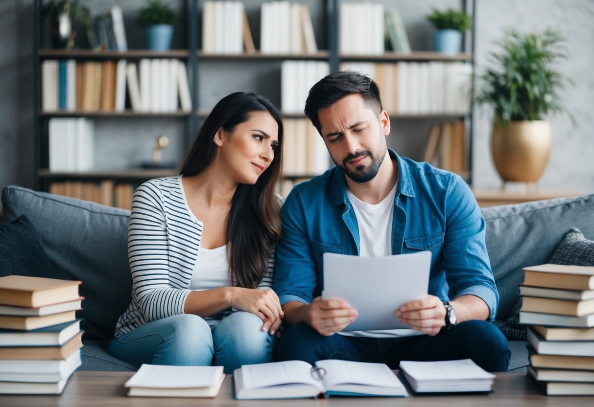 A couple sitting on a couch, surrounded by books and papers. One person looks frustrated while the other comforts them