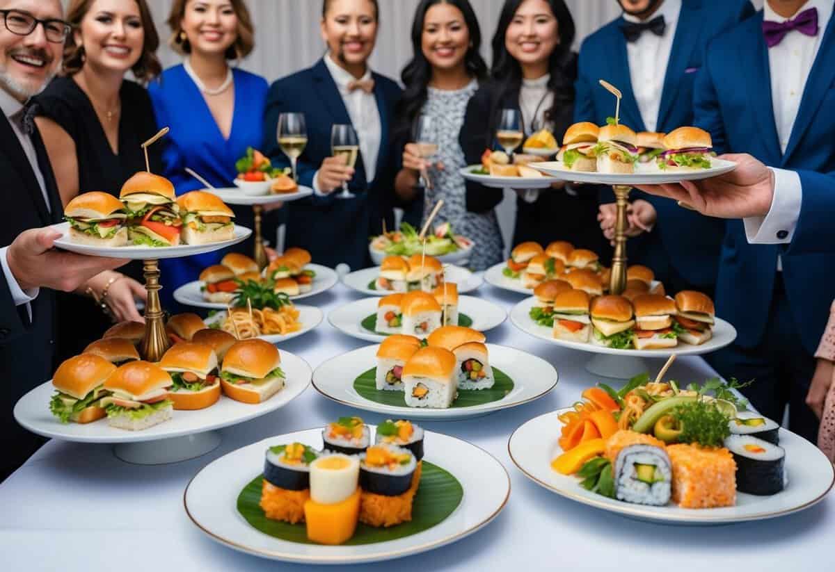 A colorful array of unique dishes, from gourmet sliders to sushi rolls, are spread out on elegant serving platters, surrounded by cheerful guests