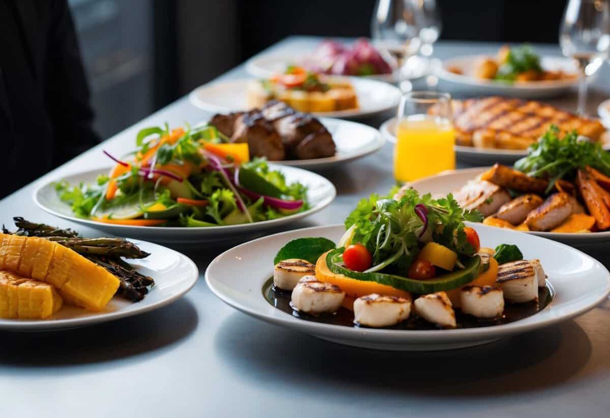 A table displaying a variety of dishes, including a colorful salad, grilled vegetables, and a selection of meats and seafood
