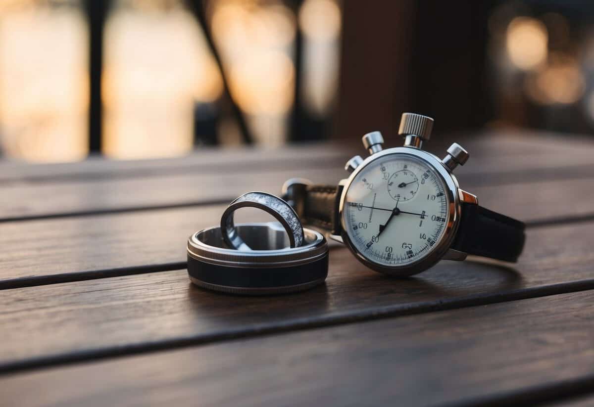 A ring lying next to a stopwatch on a wooden table