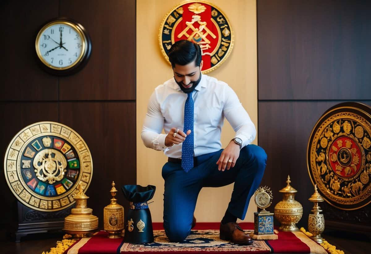 A man kneels with a ring in hand, surrounded by cultural symbols and traditions. A clock on the wall shows time passing