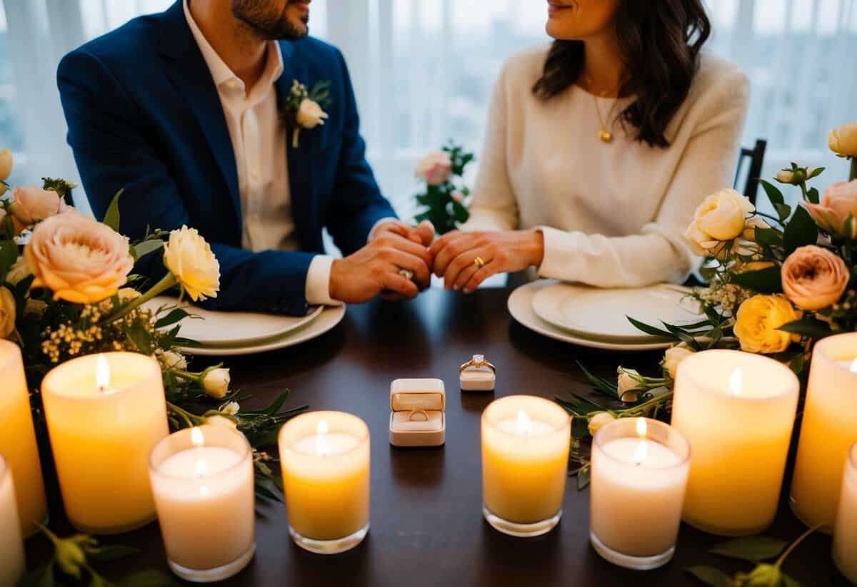 A couple sits at a table, surrounded by candles and flowers, with a ring box on the table. They hold hands and gaze into each other's eyes