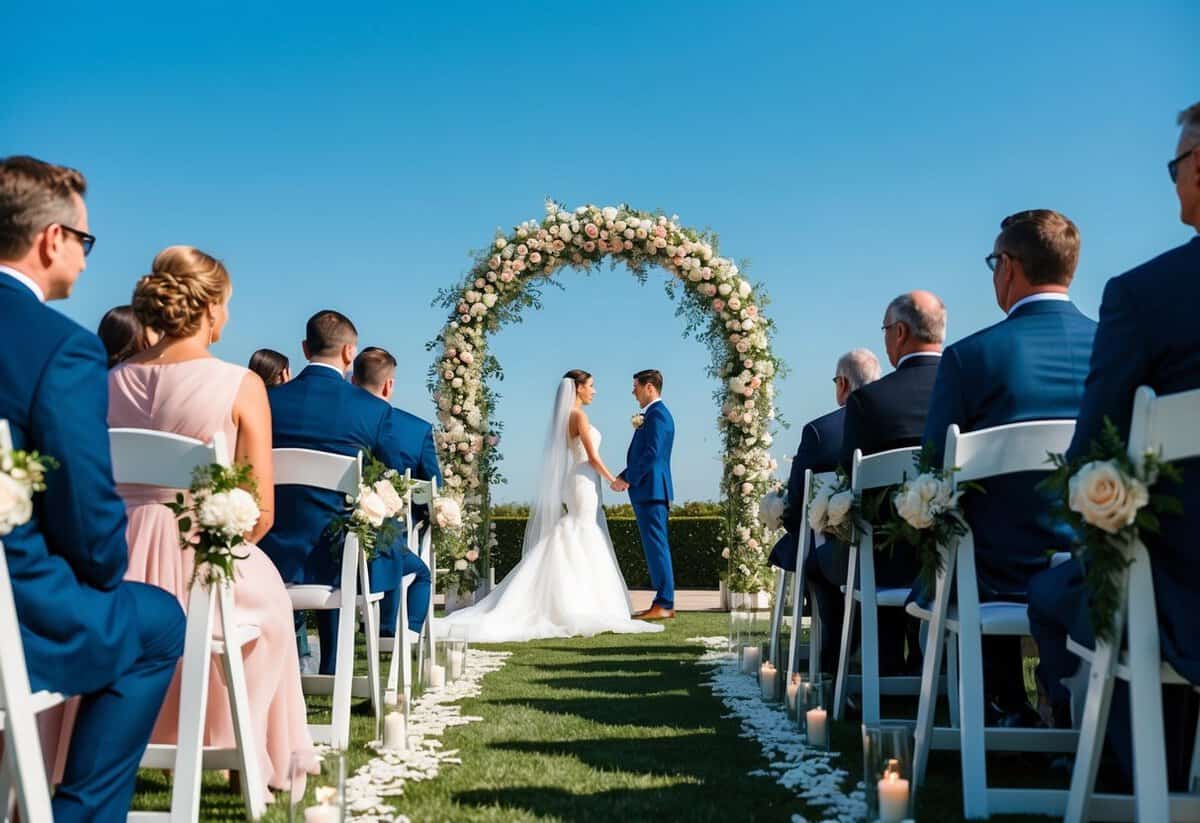 A beautiful outdoor wedding ceremony under a clear blue sky, with guests seated in white chairs facing an elegant arch adorned with flowers