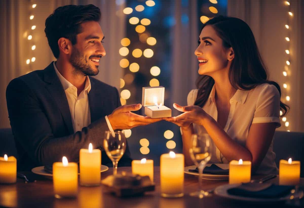 A couple sits at a candlelit table, surrounded by romantic ambiance. The man holds a small box, while the woman looks at him in surprise and delight