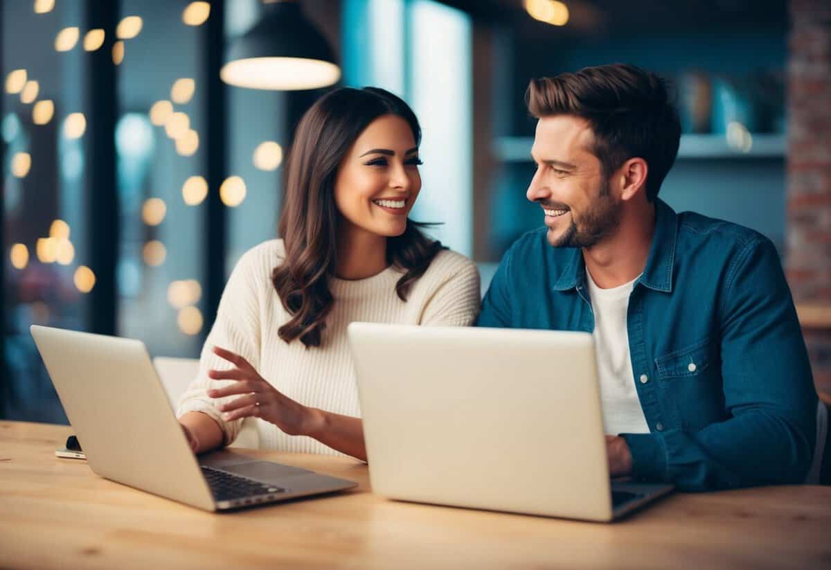 A couple sitting in front of their laptops, chatting and smiling as they get to know each other through a dating app