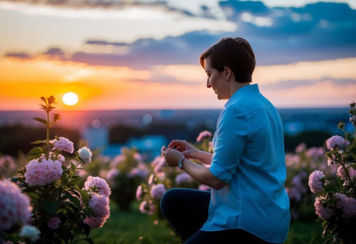 A person kneeling with a ring in hand, surrounded by blooming flowers and a romantic sunset in the background