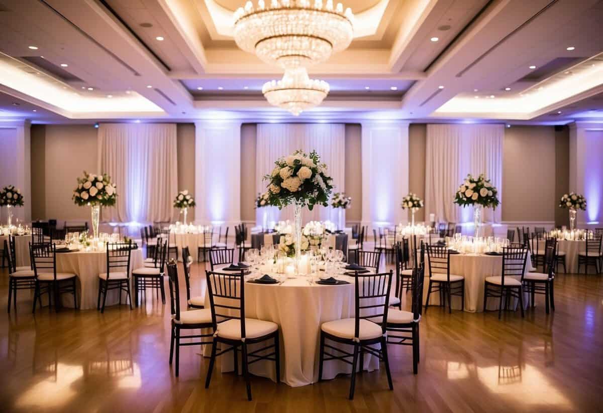 A grand ballroom with elegant decor, soft lighting, and a spacious dance floor. Tables are adorned with floral centerpieces and place settings