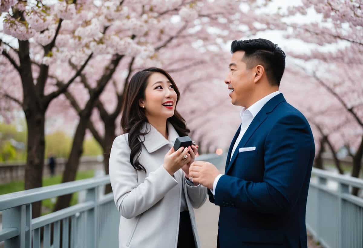 A couple standing on a bridge, surrounded by blooming cherry blossom trees, one holding a ring box while the other looks surprised
