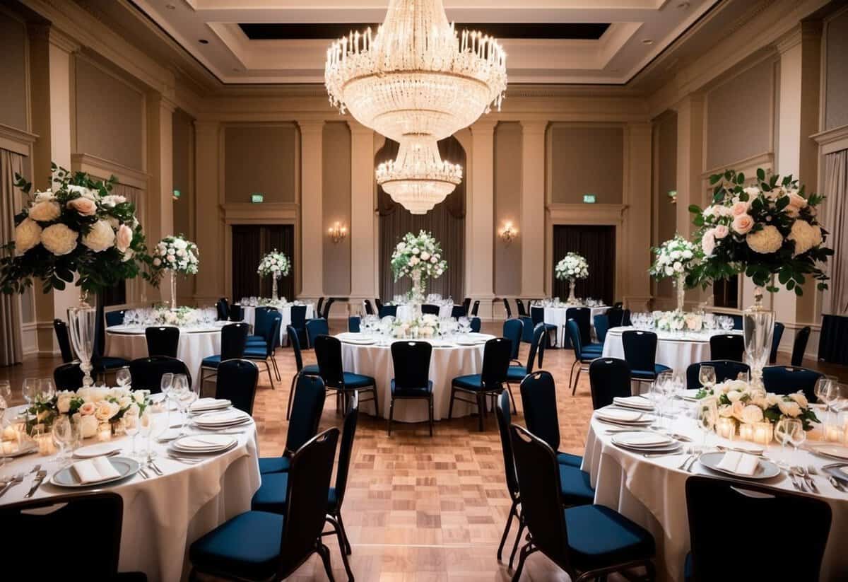 A grand ballroom with elegant decor, floral centerpieces, and a grand chandelier. Tables are set for a formal dinner, with a dance floor in the center